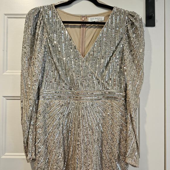 Mac Duggal 93676 V Neck Beaded Lace Midi Long Sleeve Dress Silver Taupe Size 8 - Picture 3 of 9